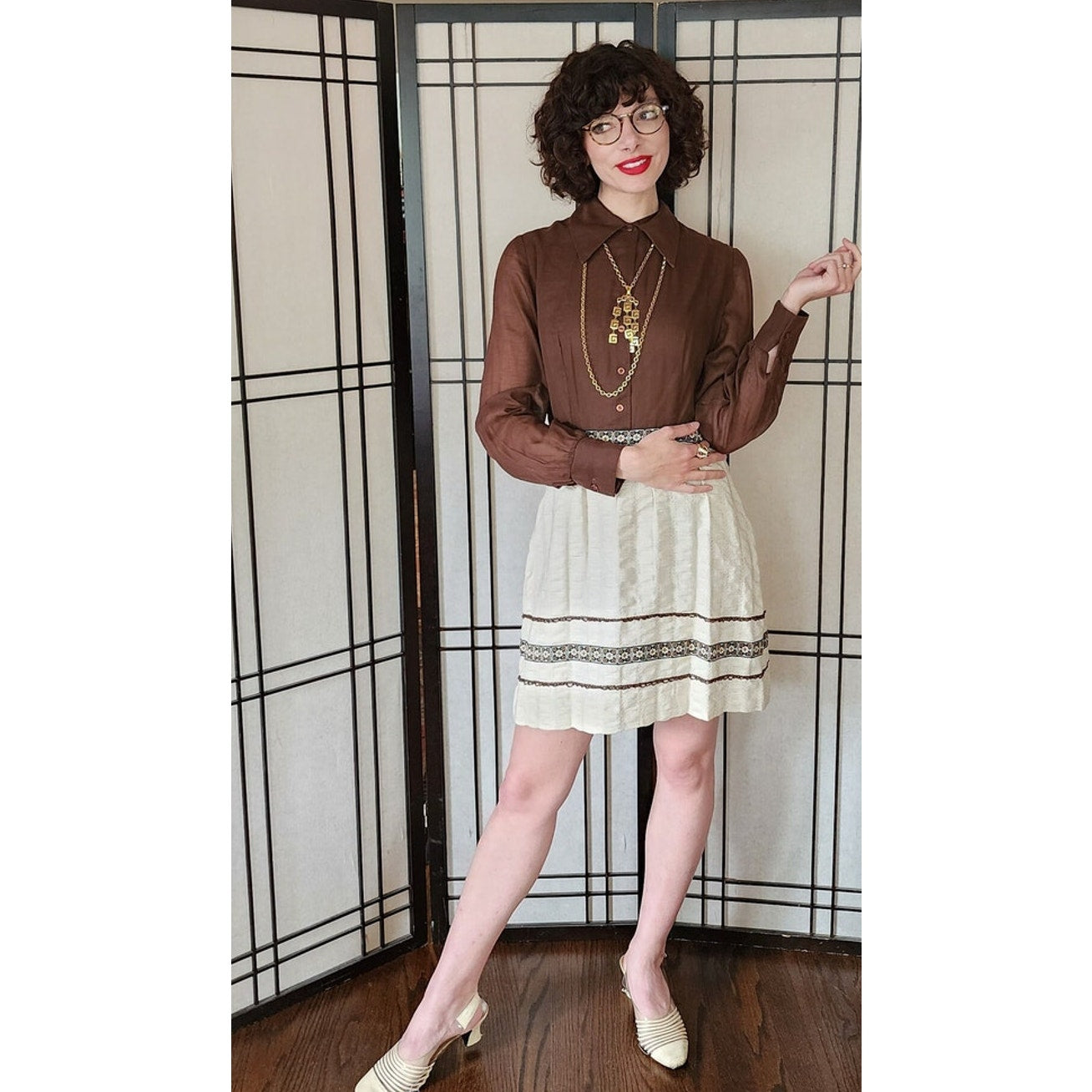 Vintage 60s Day Dress Brown Cream Long Sleeved
