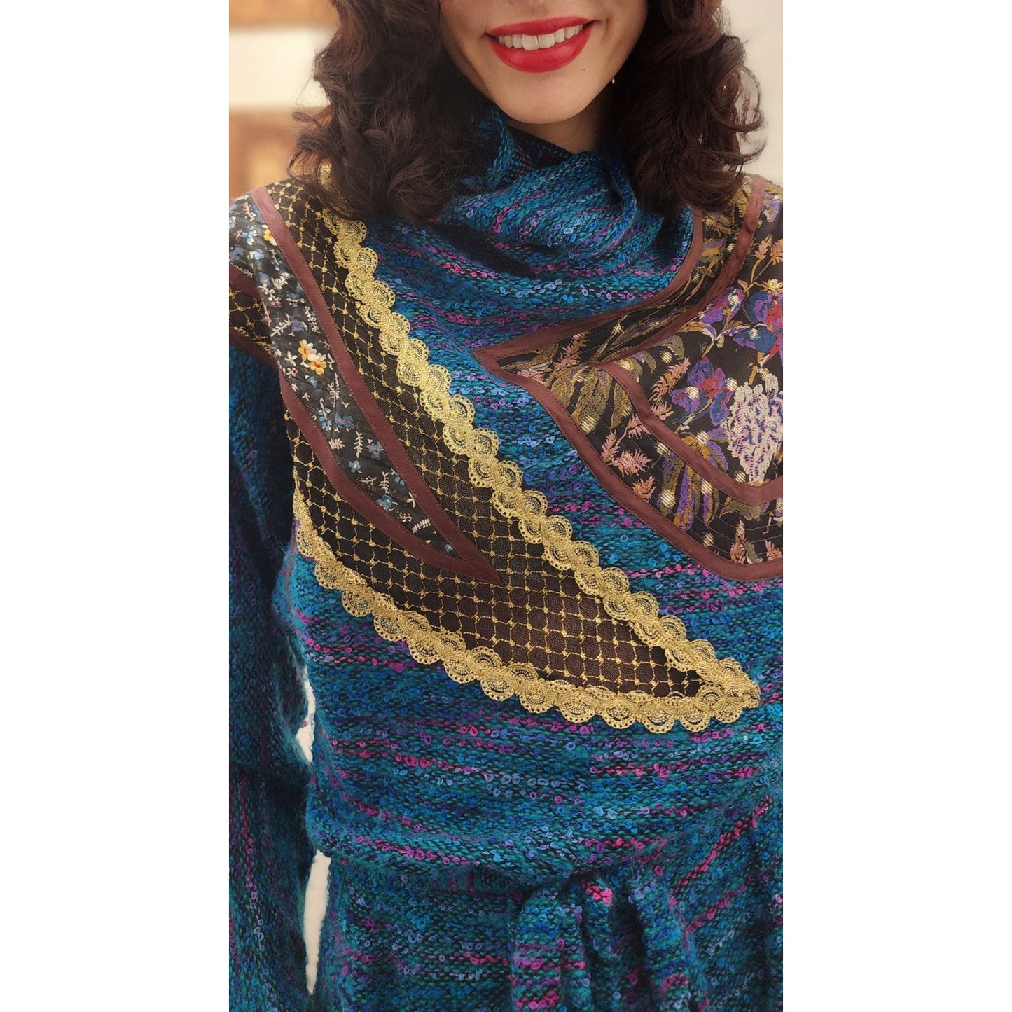 Vintage 80s KOOS VAN DER AKKER Dress Blue Green Knit Floral Applique Gold Trim