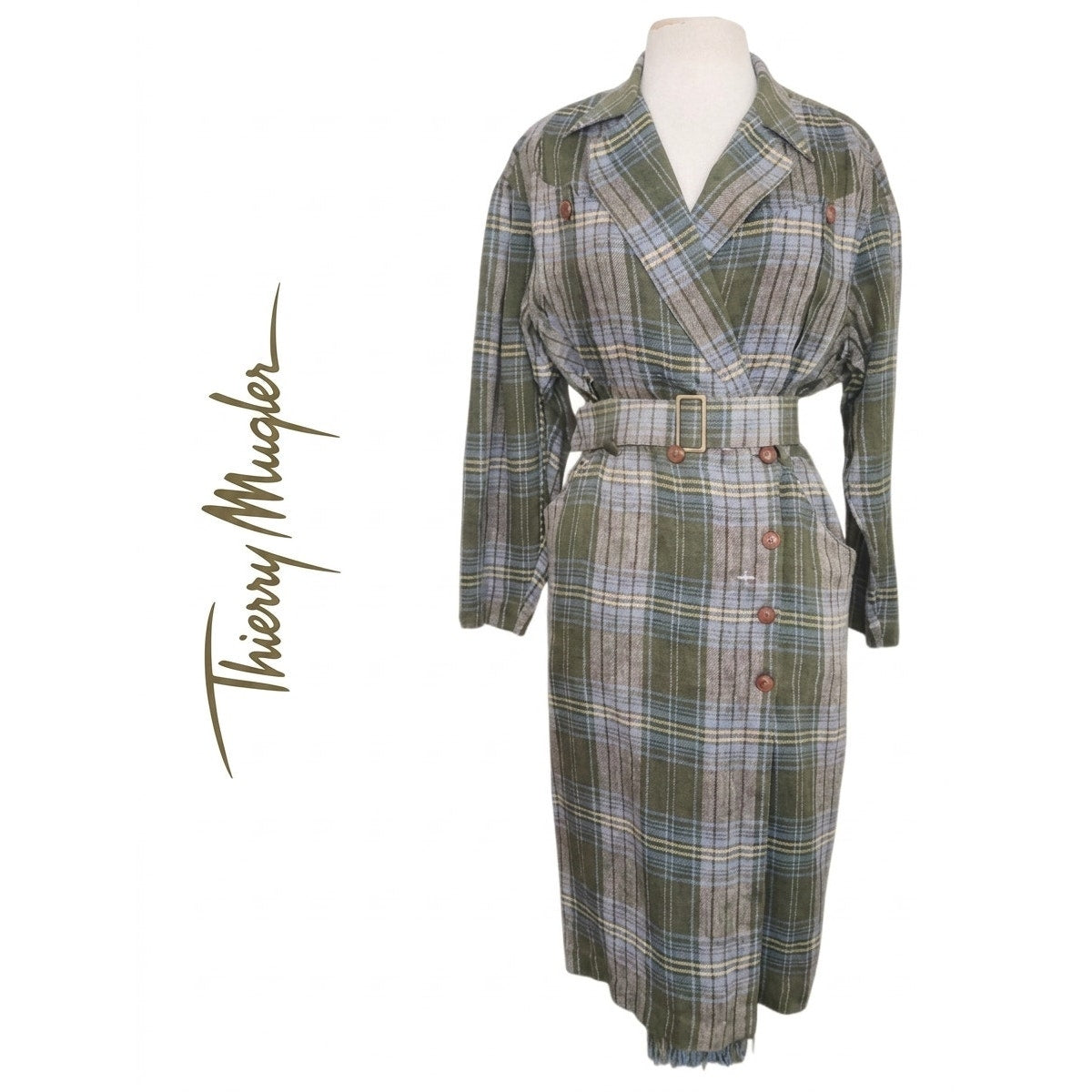 Vintage 1980s Thierry Mugler Dress Plaid Linen w/ Fringe Wrap Style Midi