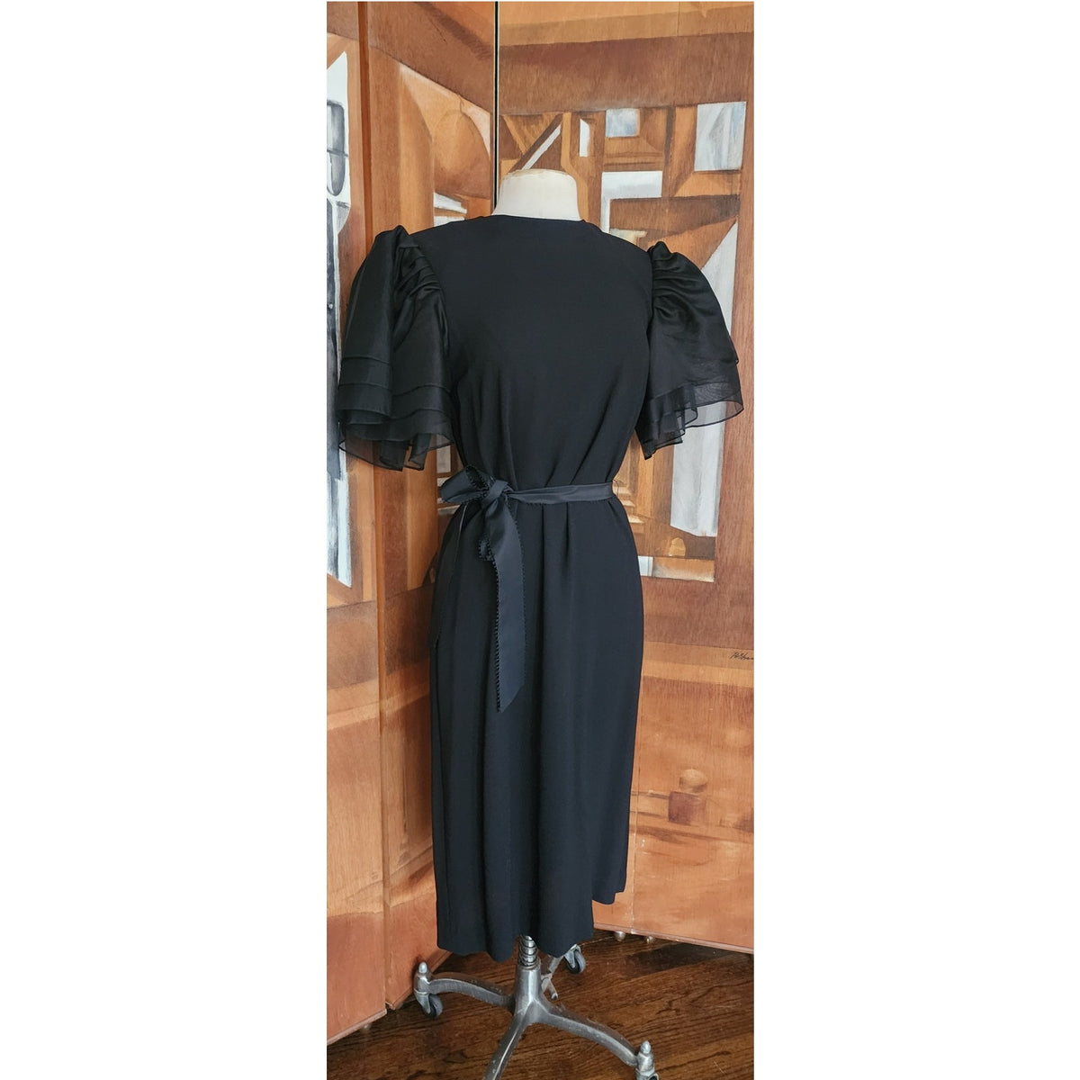 Vintage 1980s Bill Blass Party Dress Black Organza Puffy Sleeve Belted Medium