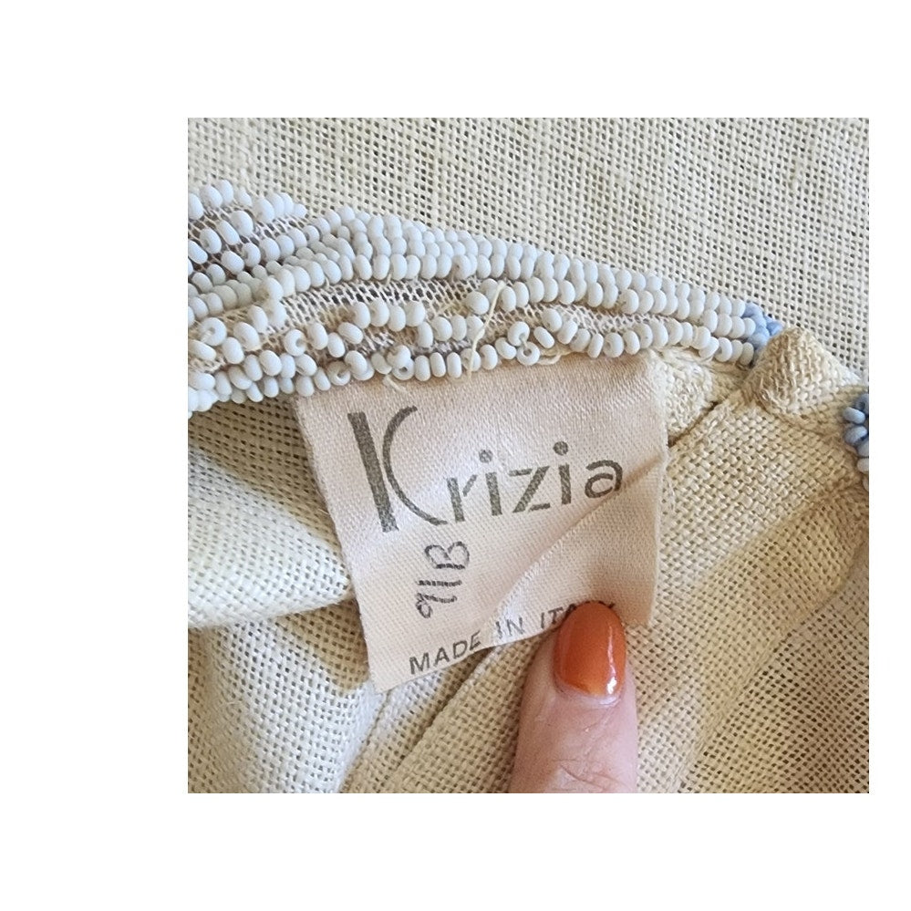 80s Krizia Top Cream Flax Linen Sleeveless Beaded Blue Rose Peter Pan Collar