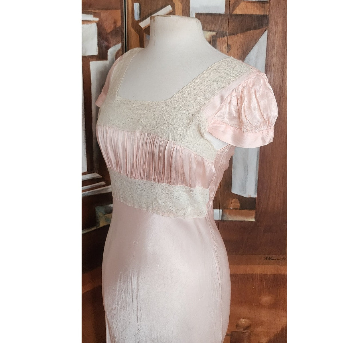 Vintage 30s Pale Pink Silk & Lace Bias Cut Nightgown Dress Long Slip Old Hollywood M