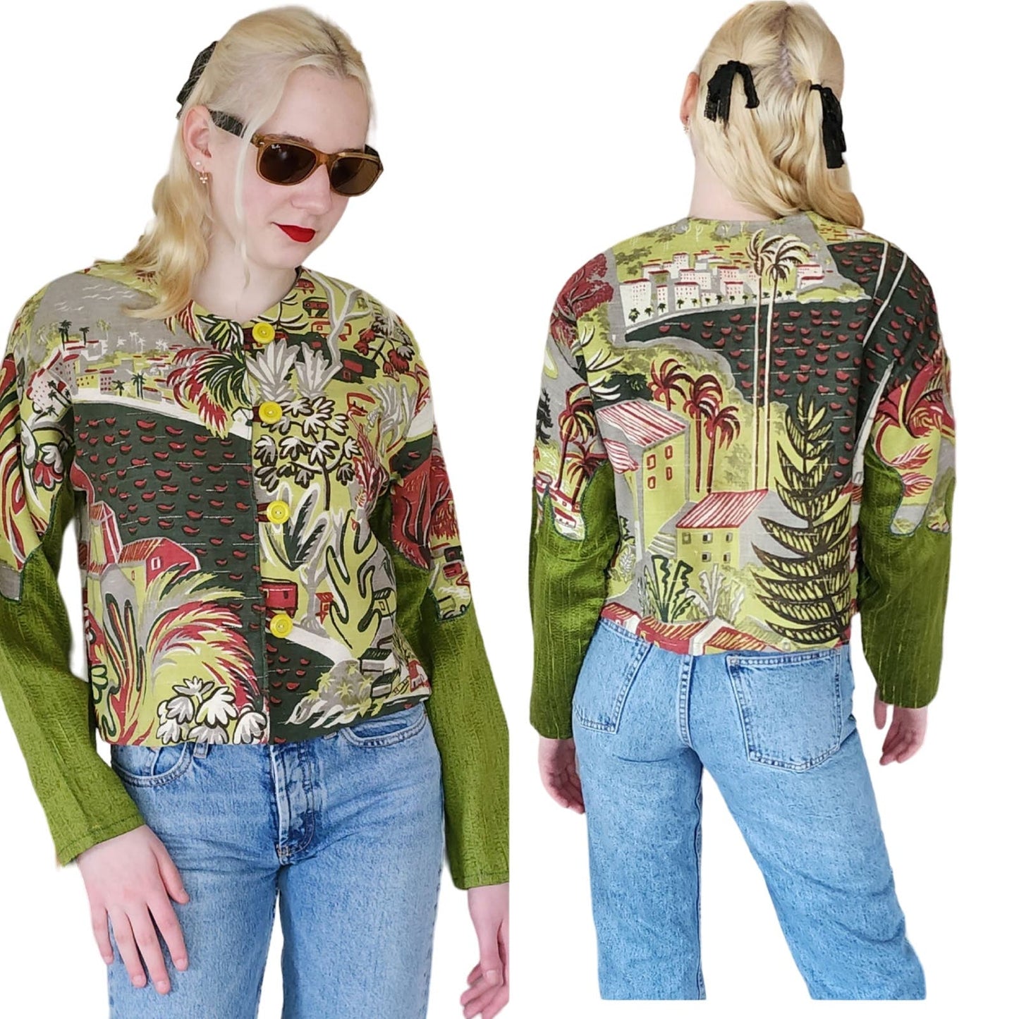 90s Cropped Blazer Novelty Print Sante Fe Style Village Cotton Canvas