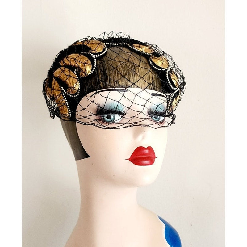 Vintage 50s Bes-Ben Hat Black Wool Gold Feather Veil Chicago Millinery OOAK