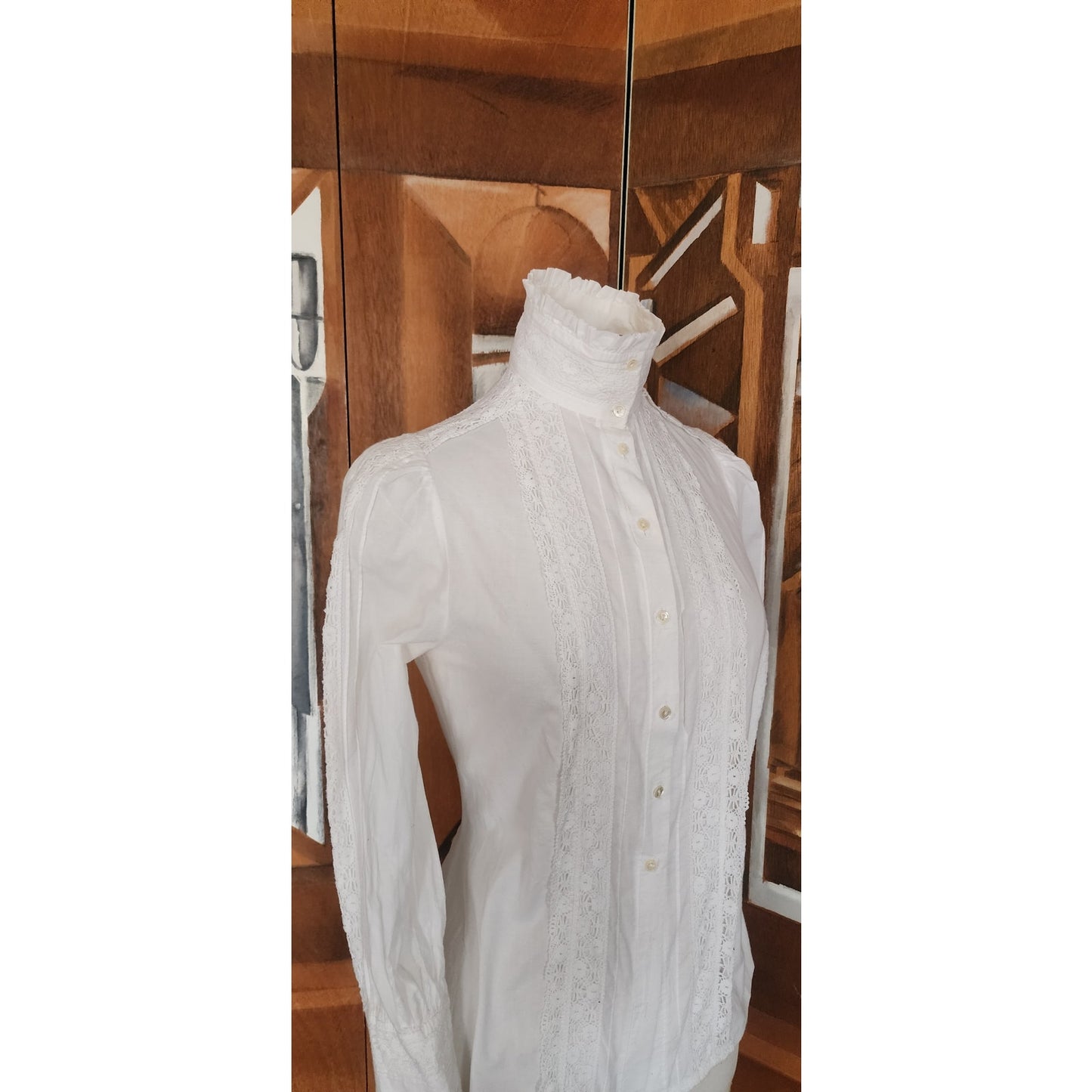 Vintage 80s LAURA ASHLEY White Ruffled Front Blouse Crochet Lace Button Down Shirt High Neckline