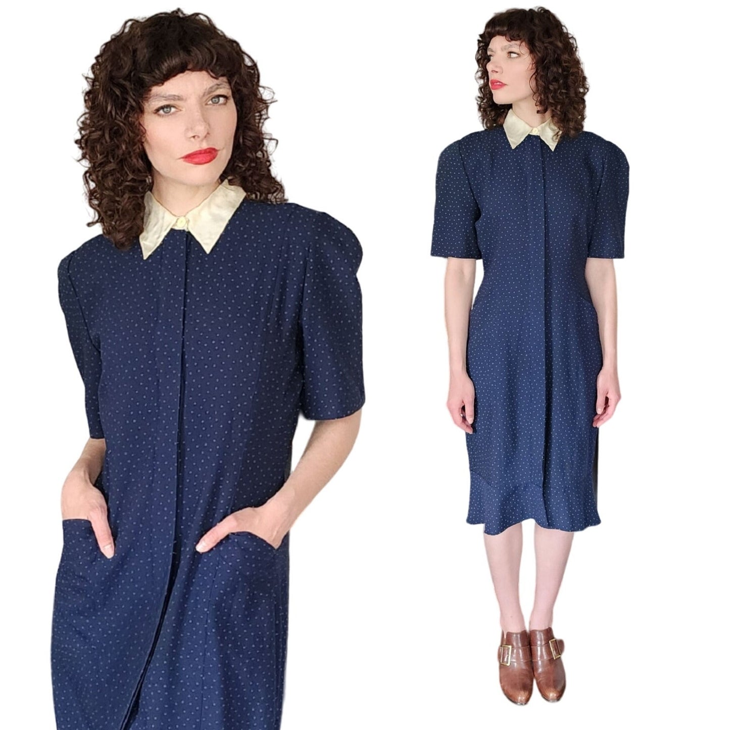 Vintage 80s Krizia Dress Navy Blue White Micro Dot Print White Collar