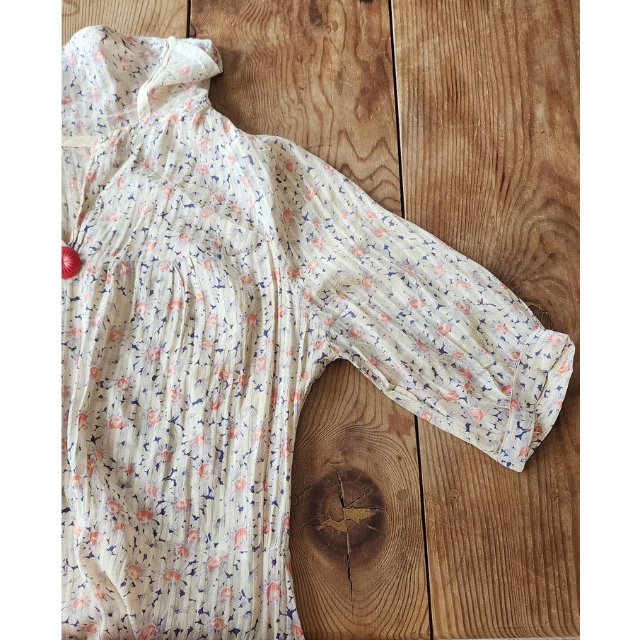Vintage 30s Silk Day Dress Short Sleeves Speckled Floral Print Large Red Buttons