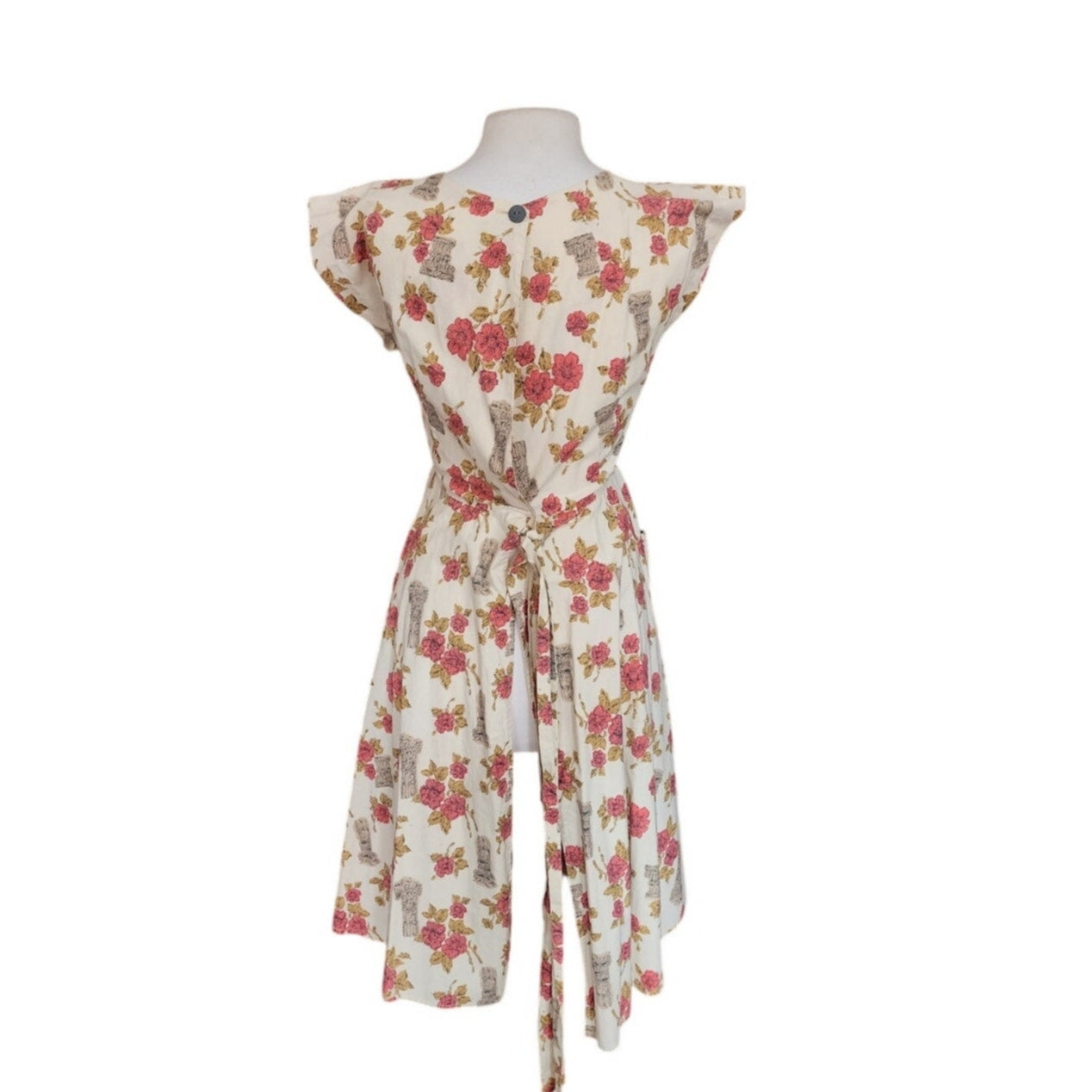 Vintage 50s Swirl Wrap Dress Cotton Rose Classical Columns Print Apron Housewife Full Skirt Pockets