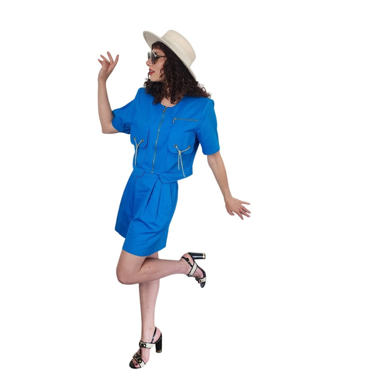 Vintage 90s Blue Jacket + Shorts Set w/Gold Chain Tassels by Oscar & Me Medium