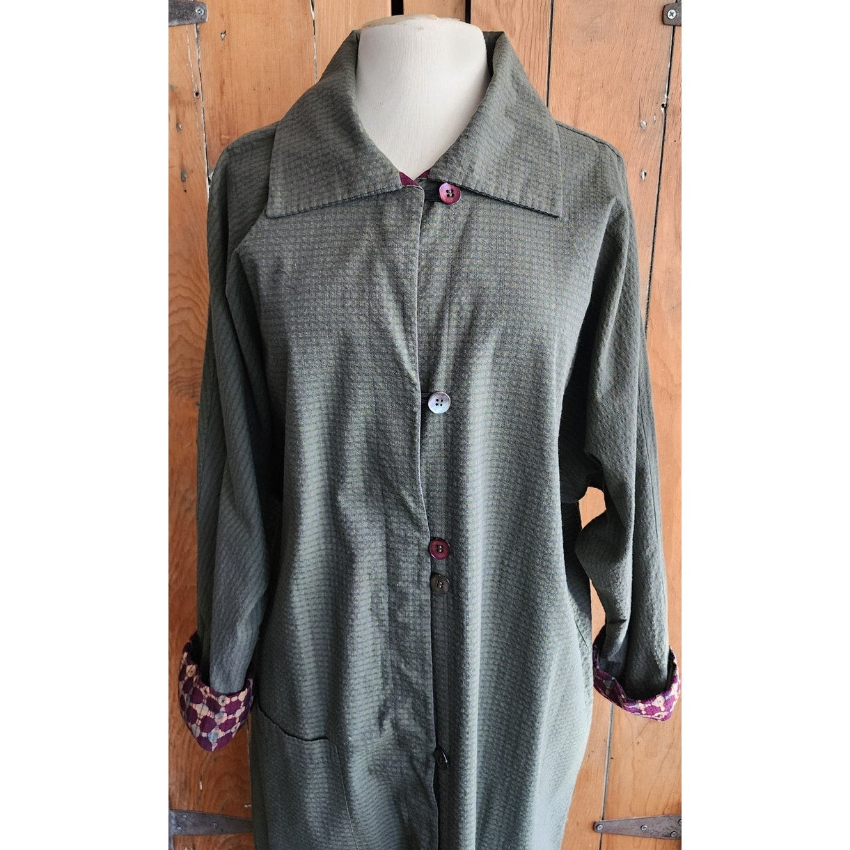 Vintage Su Zen Green Dress Button Down Front Seersucker