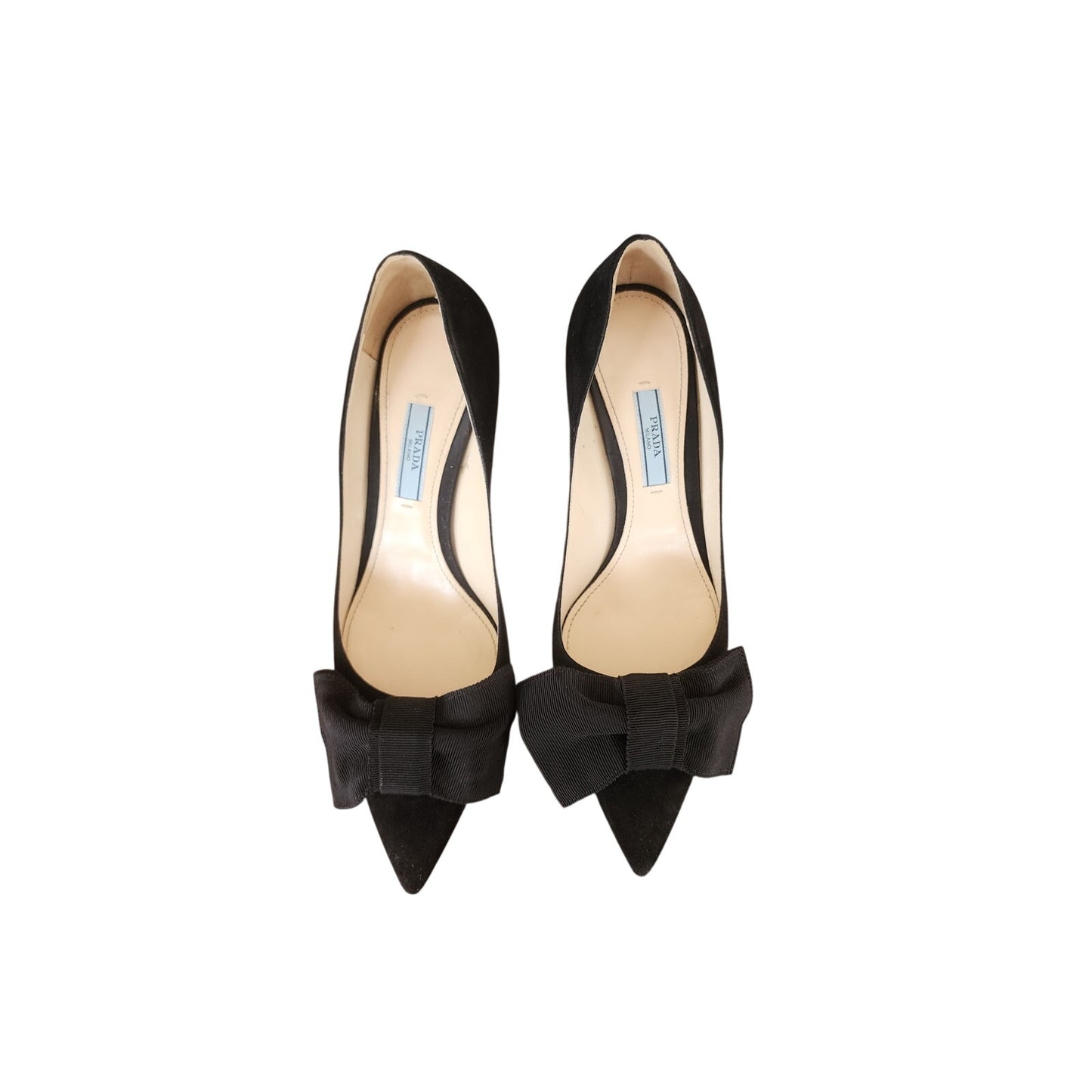 Prada Shoes Black Suede Kitten Heel Pumps with Bows Size 38 w/Original Box