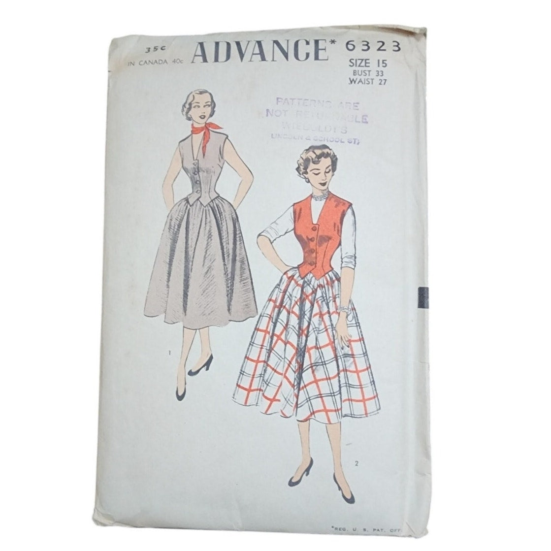 Vintage 50s Sewing Pattern ORIGINAL:  Advance 6323 Womens Skirt + Vest Set
