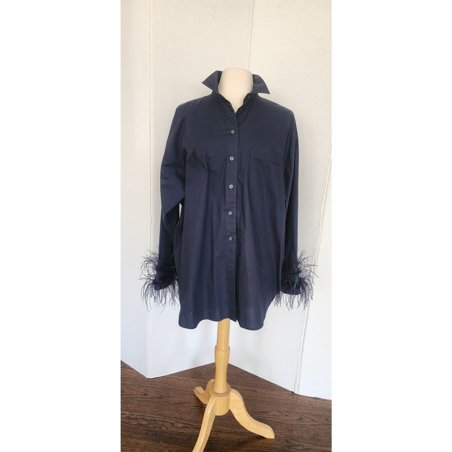 J CREW Navy Blue Cotton Shirt w/Feather Sleeve Cuffs Cotton Poplin Womens Large