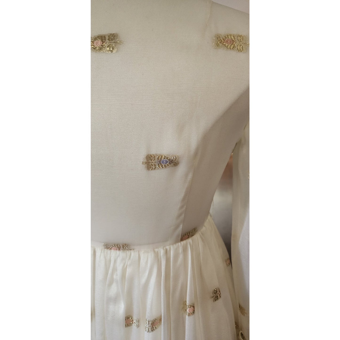 Vintage 1970s Exotic Party Dress Gold Lurex White Organza Chuck Howard