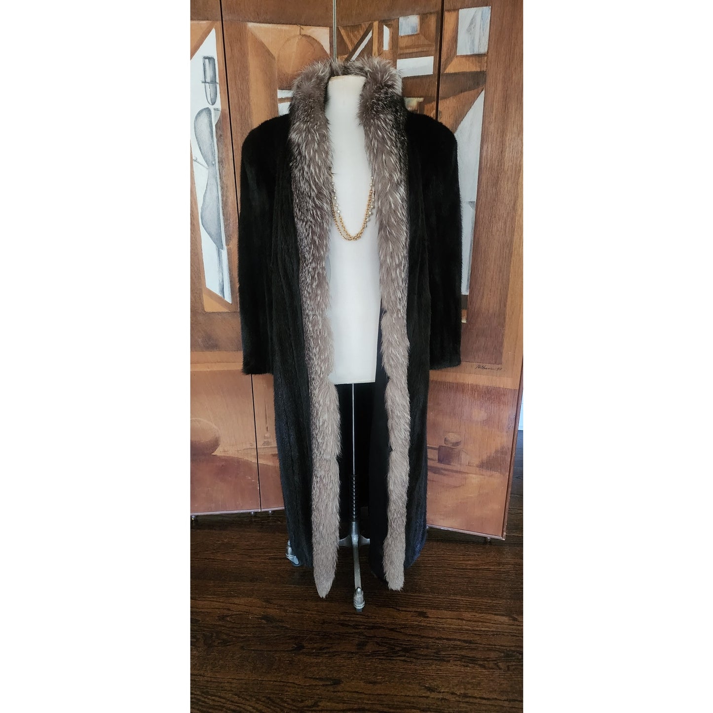 Vintage 80s Ranch Mink Black Fur Coat Long Silver Fox Tuxedo Collar Maxi