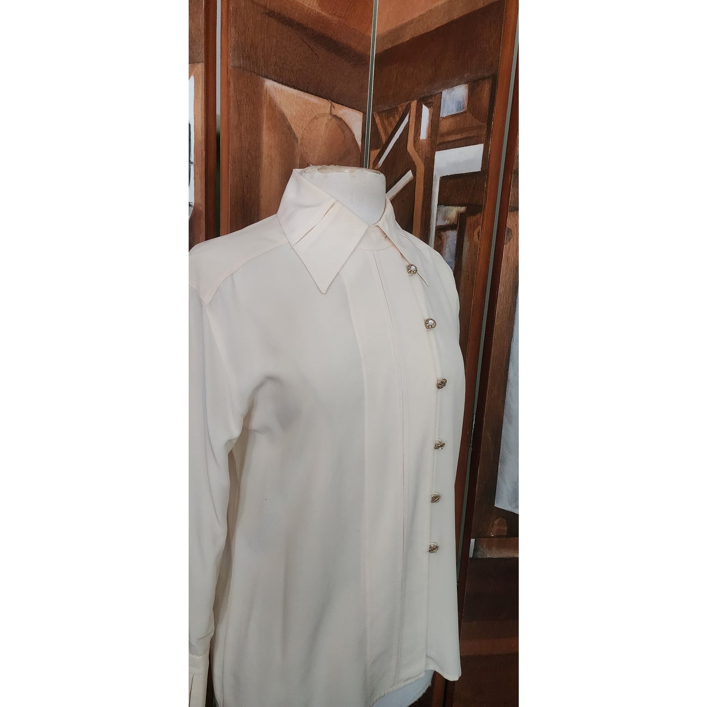 Vintage 1980s Karl Lagerfeld Blouse Cream Silk Shirt Asymmetric Button Down S