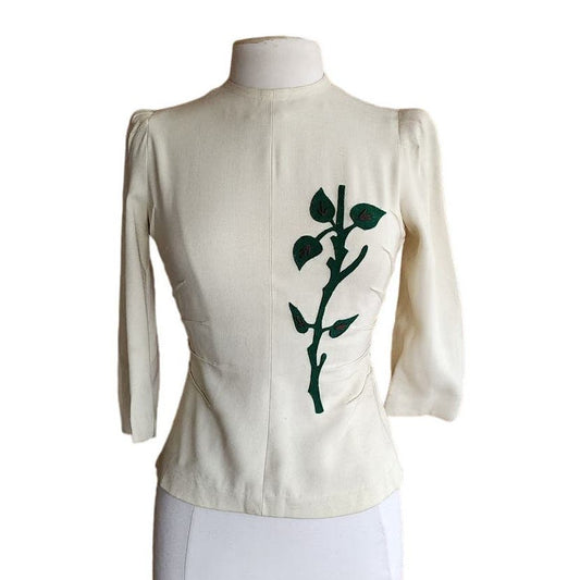 Vintage 40s Cream Top Green Leaf Applique