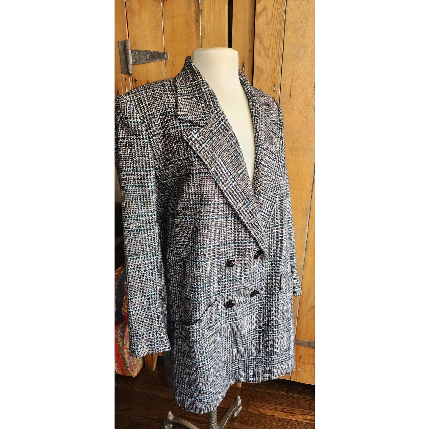 Vintage 1980s Long Blazer Lilli Ann Houndstooth Wool Jacket Gray Black
