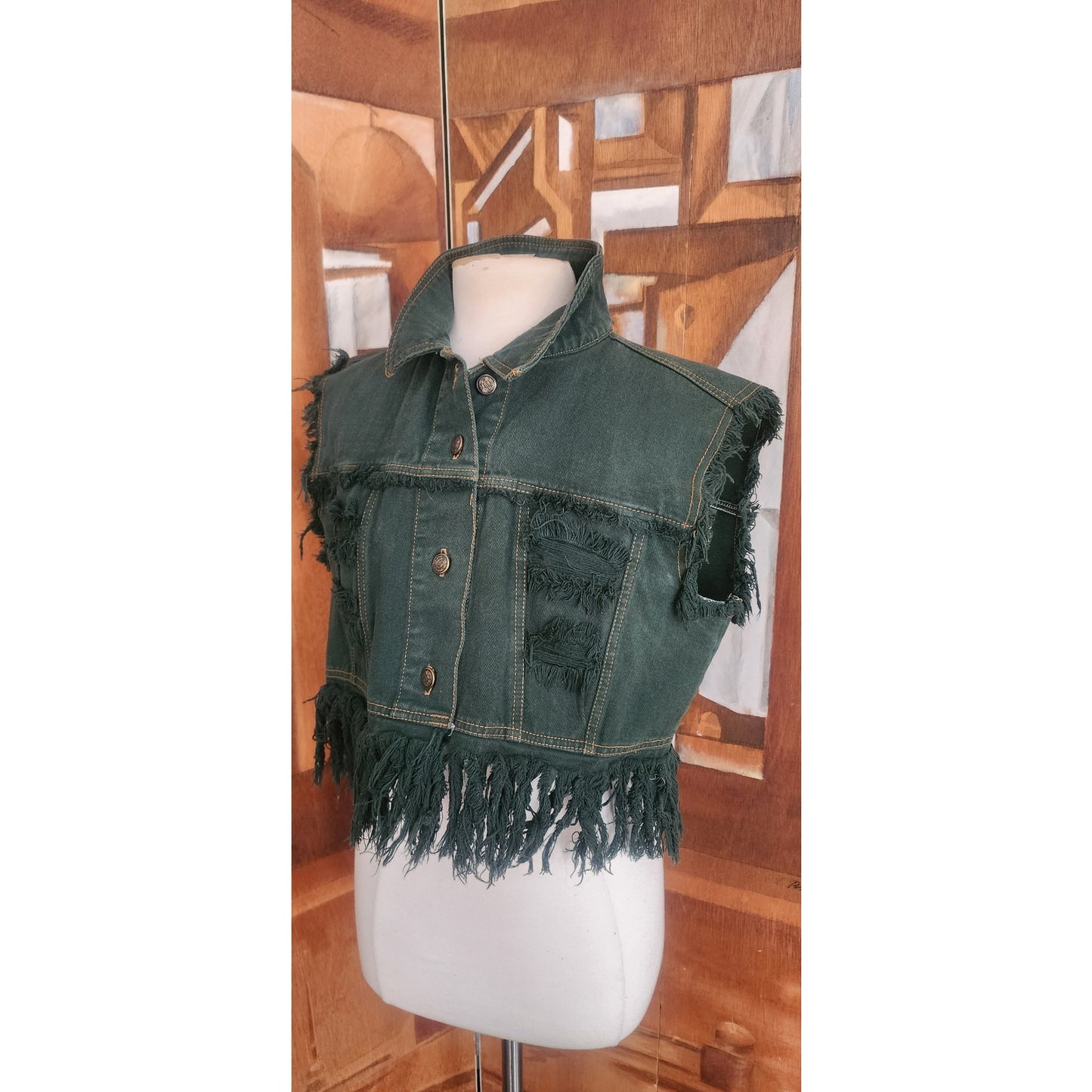 Vintage 80s Distressed Green Denim Vest Cropped Fringed by Navi / L