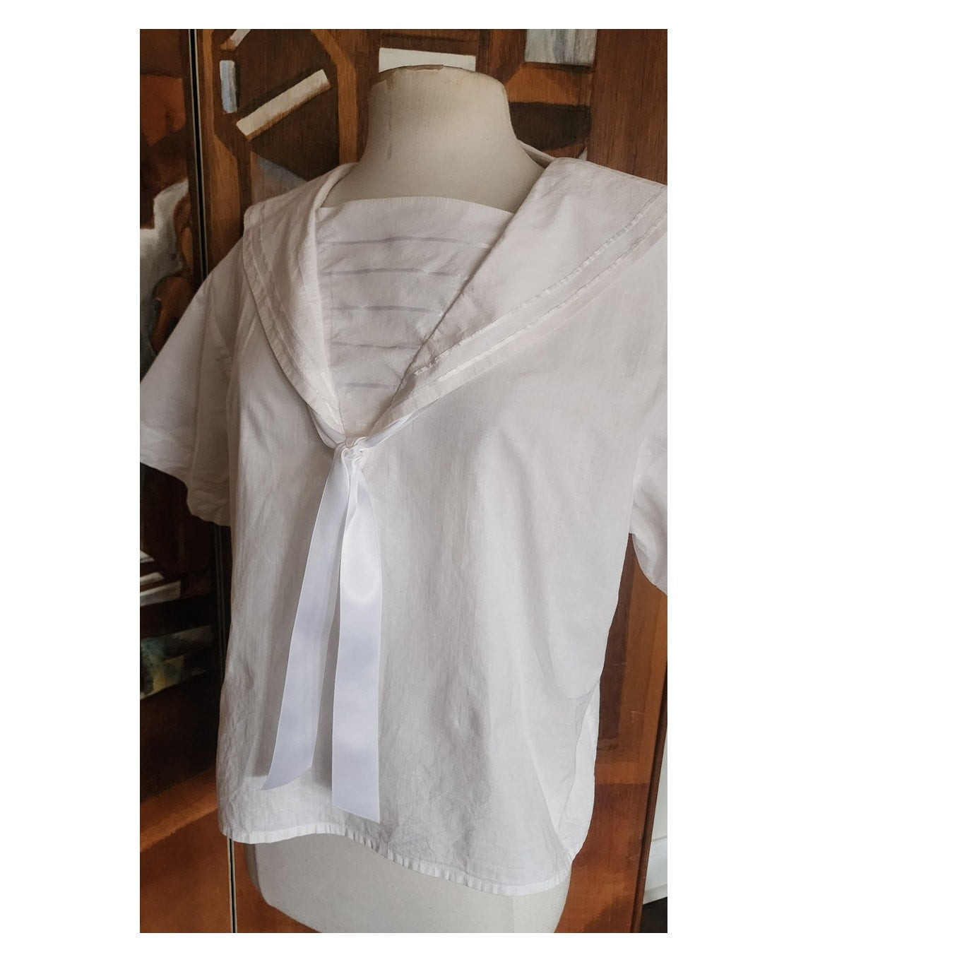 Vintage 80s LAURA ASHLEY Blouse Sailor Collar White Cotton Shirt Neo Edwardian