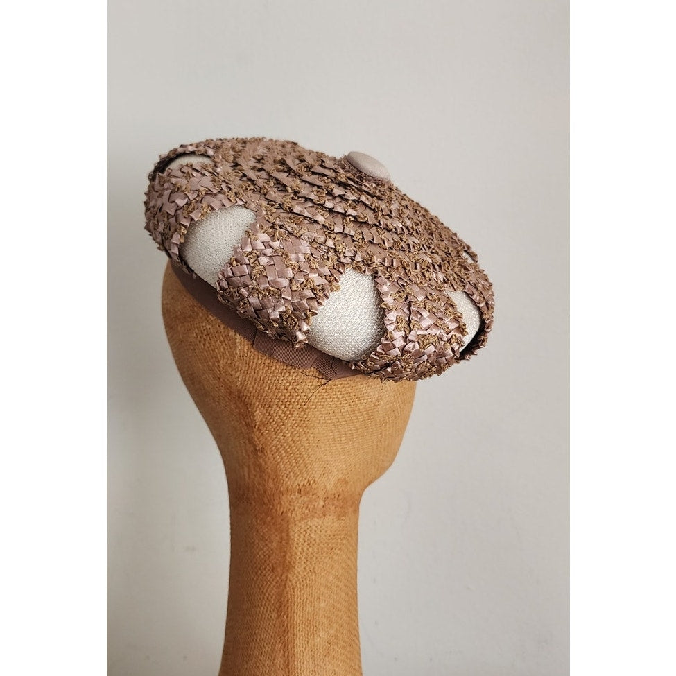 Vintage 50s Beret Hat Brown Straw Cream Silk