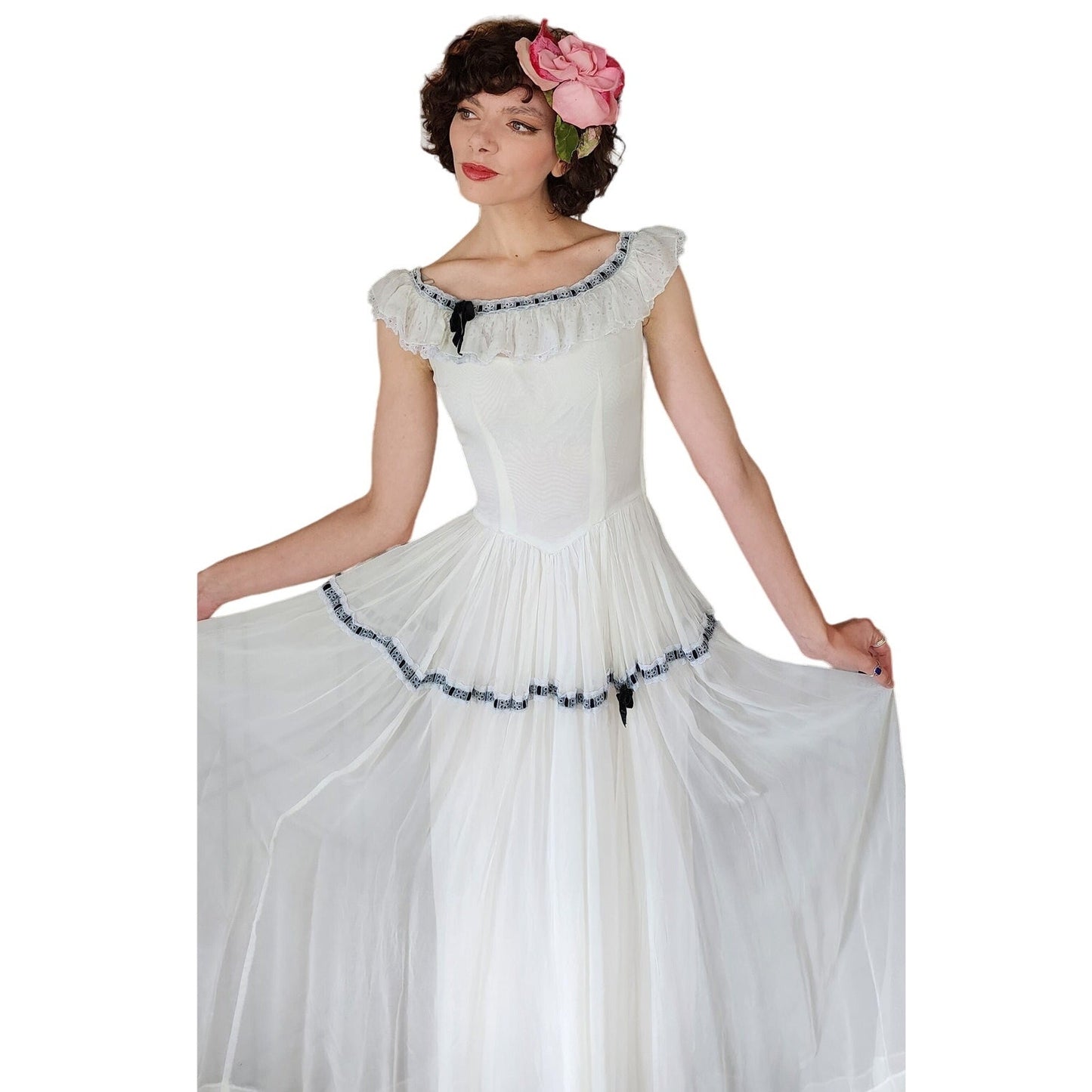 Vintage 30s White Ruffled Evening Dress Black Ribbon Trim