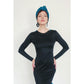 Vintage 80s Evening Dress Black w/Turquoise Knit Open Back Fishtail Skirt Victoria March Chicago