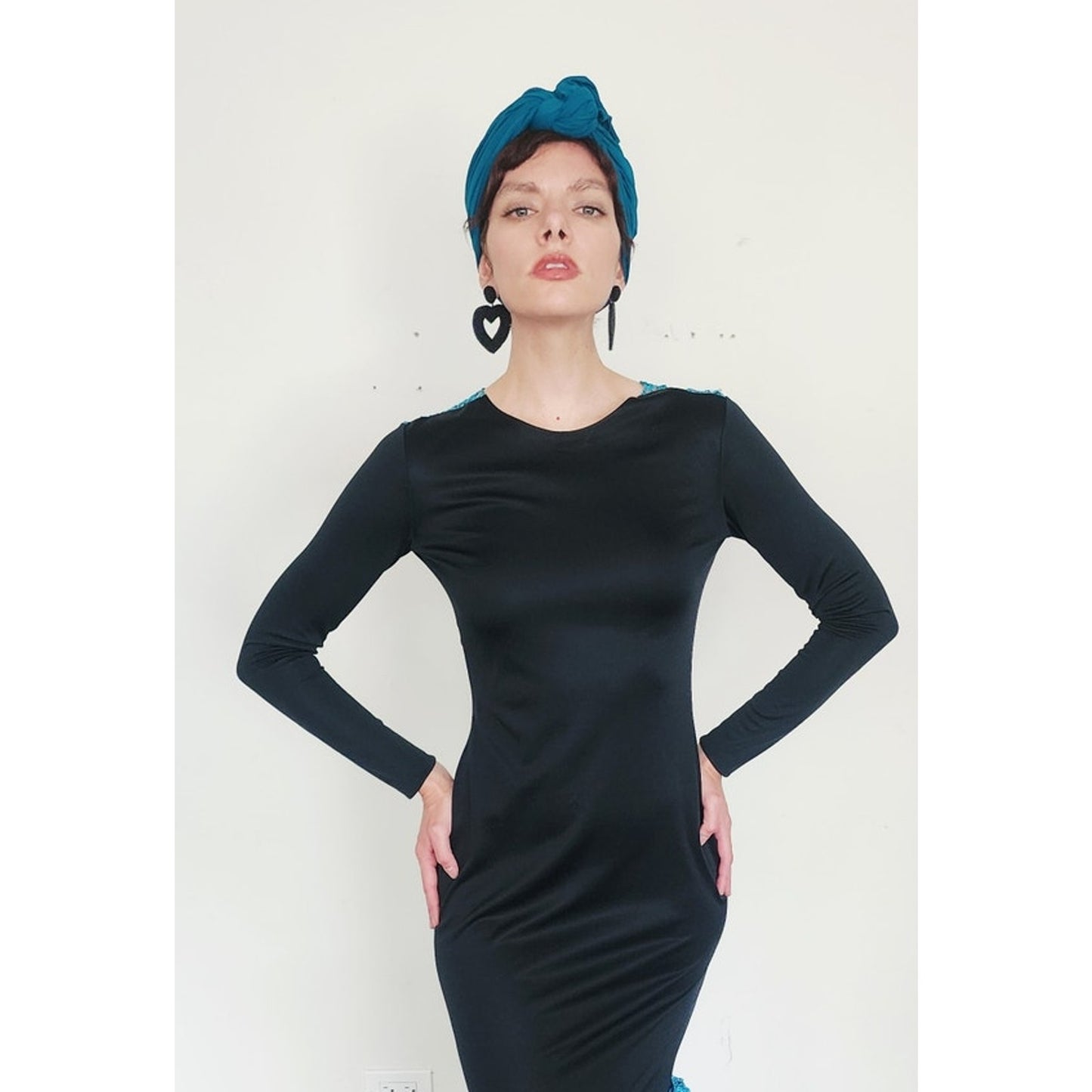 Vintage 80s Evening Dress Black w/Turquoise Knit Open Back Fishtail Skirt Victoria March Chicago