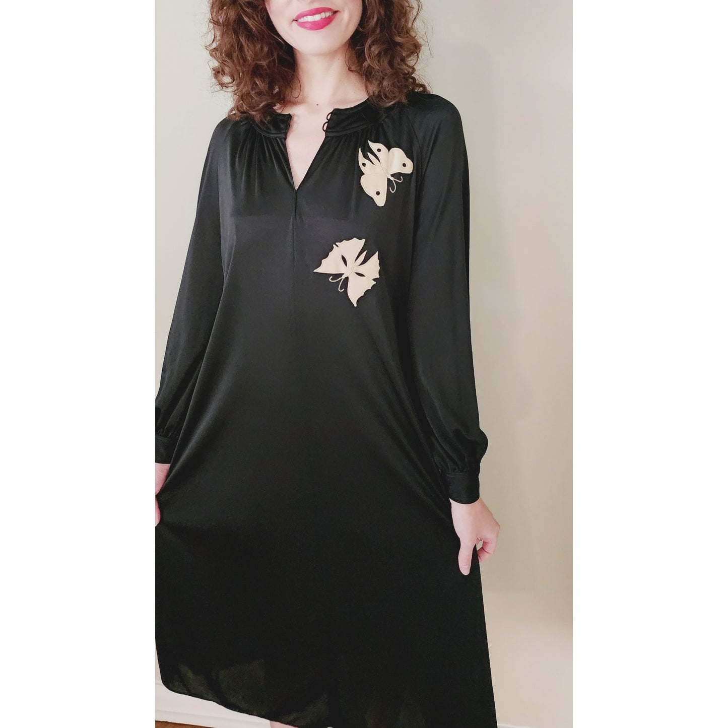 Vintage 70s Black Dress Butterfly Embroidery Ciao Ltd