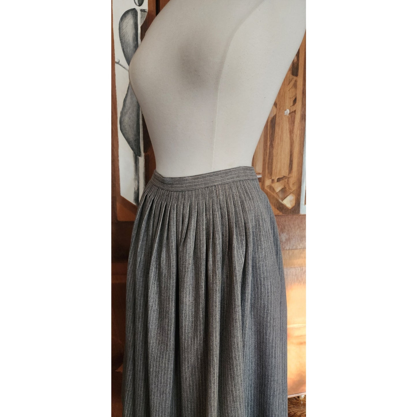 Vintage 70s Geoffrey Beene Bag Midi Skirt Gray Pinstriped Wool A Line / M