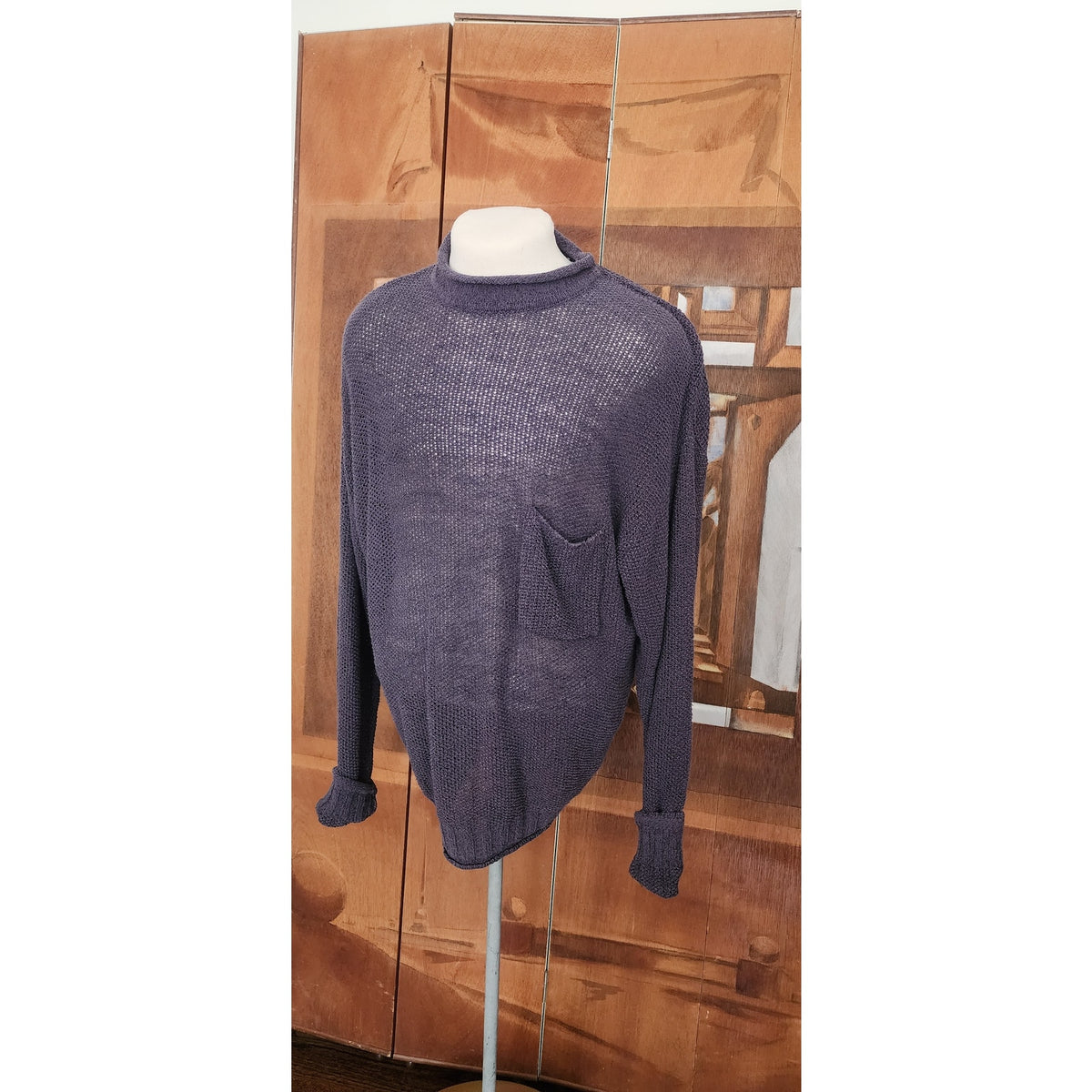 Vintage 1990s Rykiel Homme Mens Sweater Purple Sheer Mesh Open Weave Mock Neck Knit Oversized
