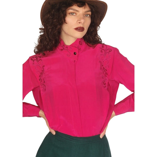 1980s Fuschia Pink Silk Blouse w/Embroidery Paul Alexander