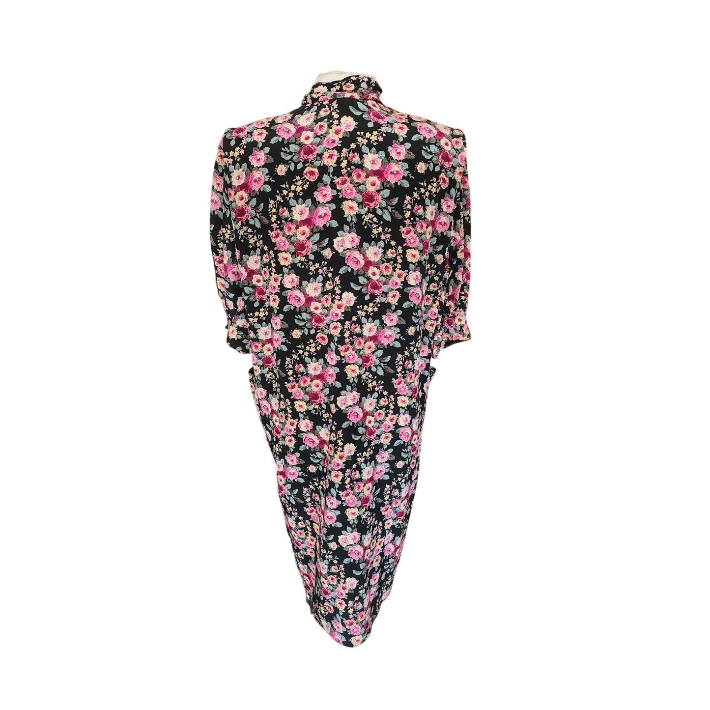 Vintage 1980s Ungaro Dress Silk Floral Rose Print Tie Neck Button Front Pockets