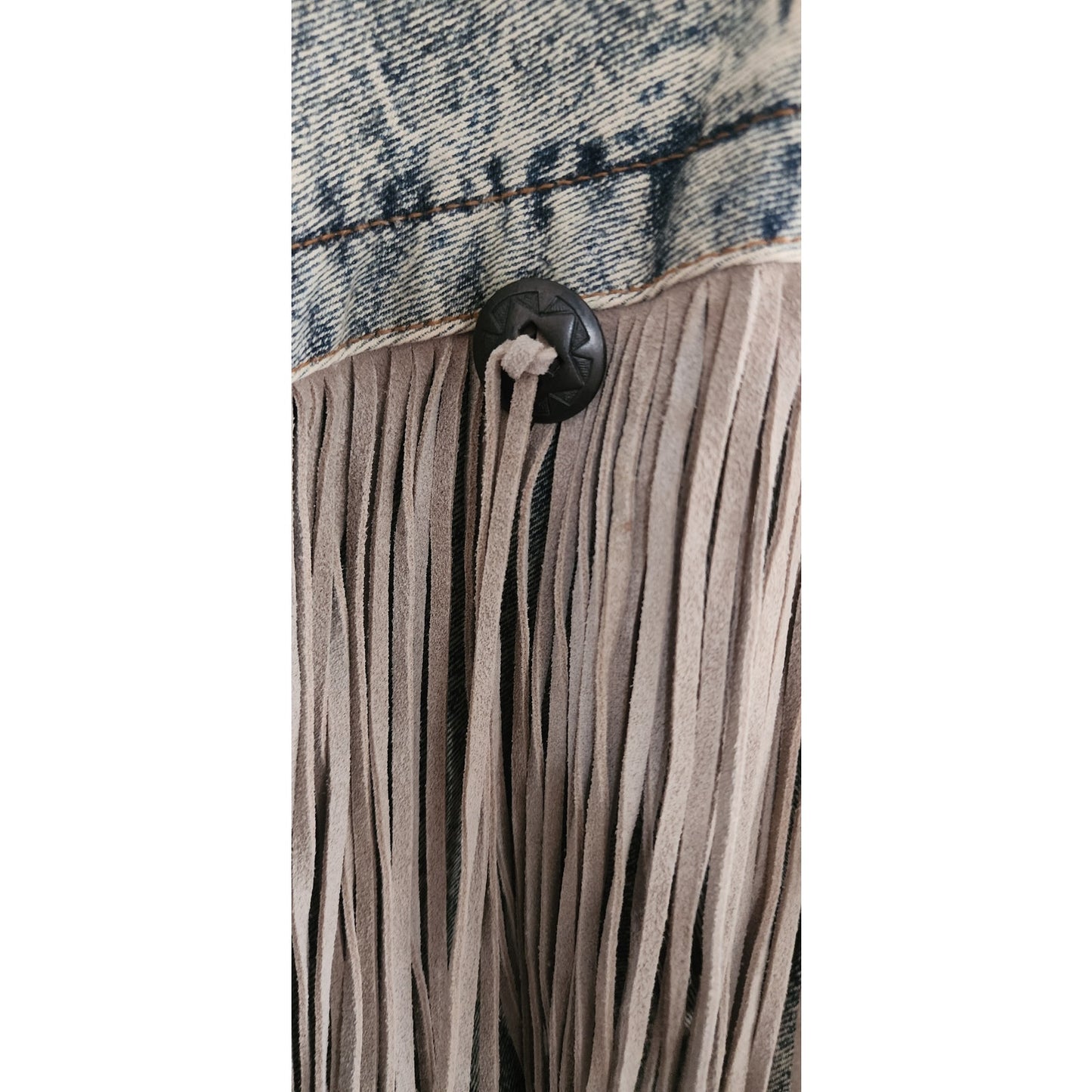 Vintage 80s Rock Creek Trading Co Acid Wash Denim Jacket PLUS SIZE Leather Fringe, Western Style