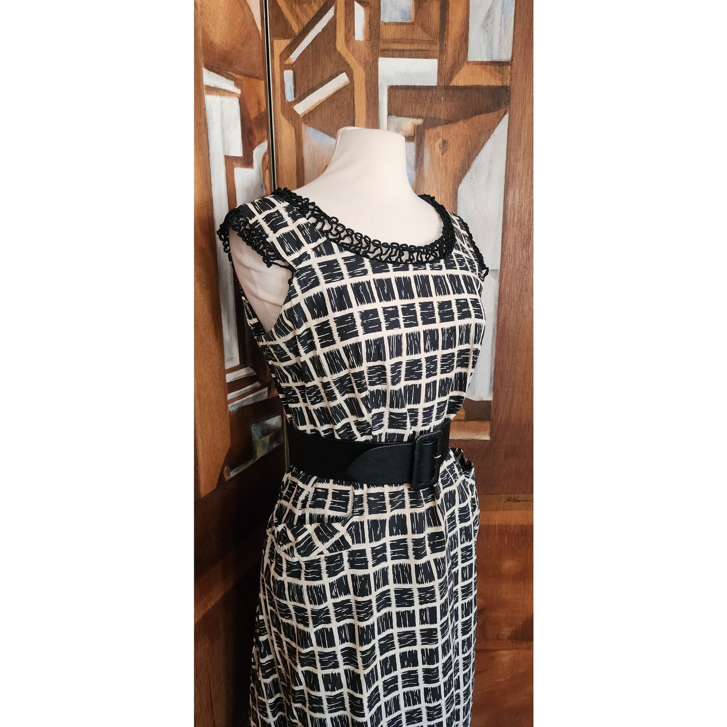 Vintage 50s Cotton Print Dress Black White Check Belted / M to L