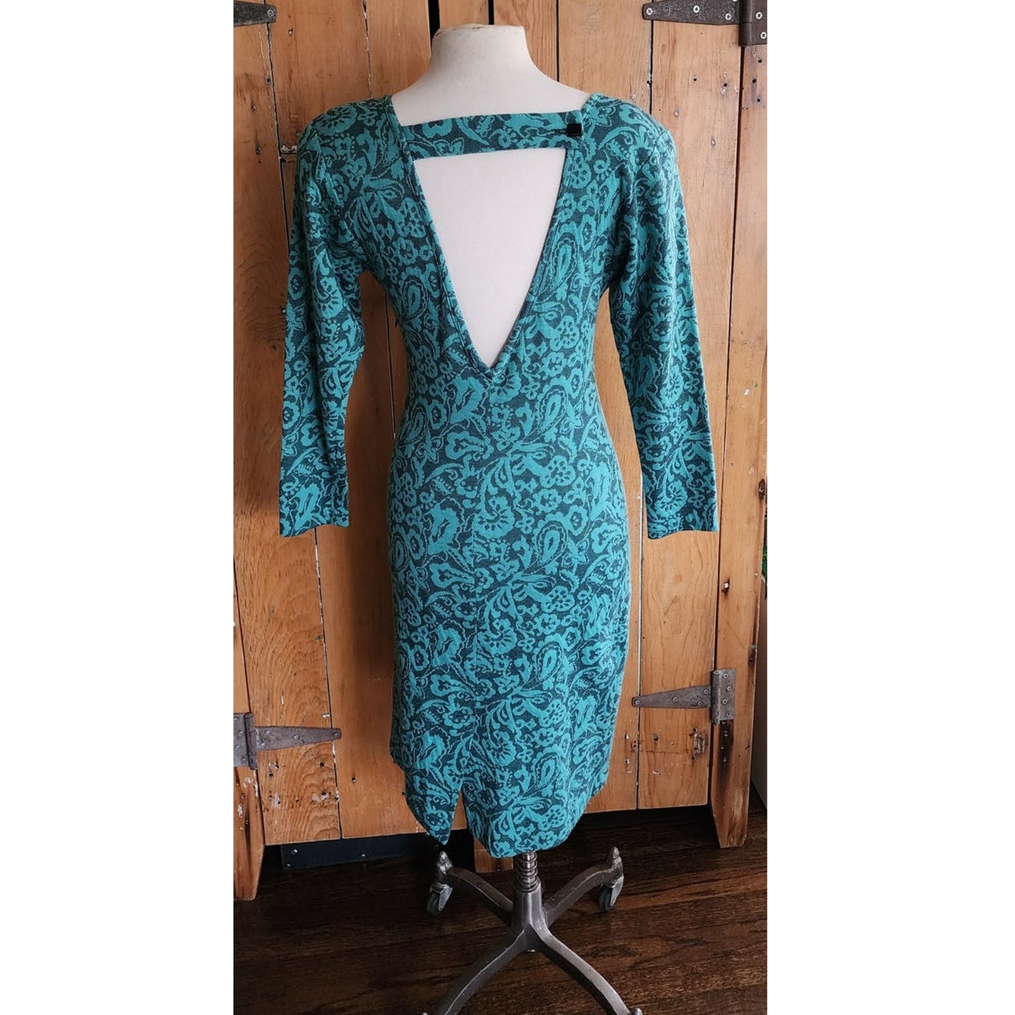 Vintage 80s Teal Blue Dress Black Floral Print, Keyhole Back Regina Kravitz