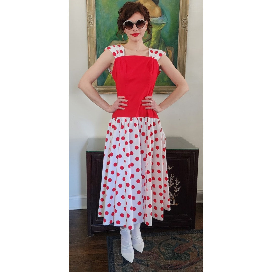 Vintage 80s Polka Dot Print Dress Red White Leslie Lucks