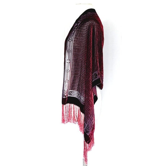 Vintage 90s Burnout Velvet Scarf Burgundy Red Velvet Fringed