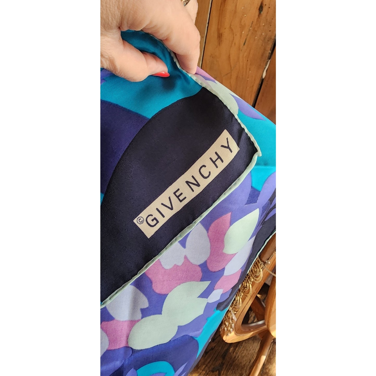 Vintage Givenchy 80s Silk Square Scarf Blue Purple Pink Floral Designer Scarf