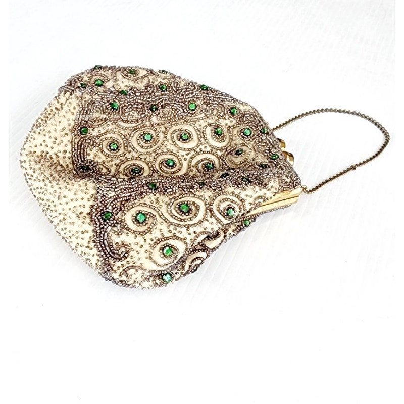 Vintage 30s Beaded Evening Bag Green Rhinestone Scrollwork