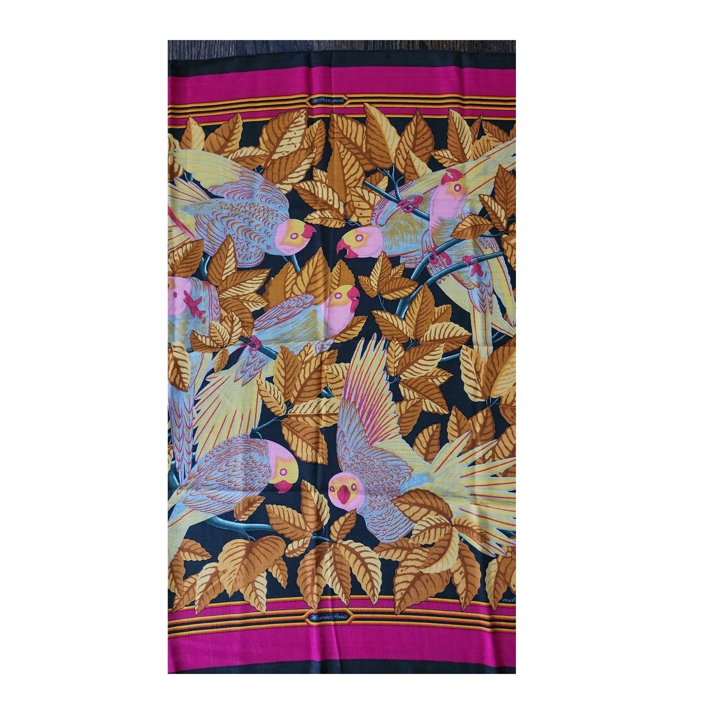 Vintage HERMES Scarf Les Perroquets Cashmere Silk Parrots Birds Orange Yellow Carre Foulard Joachim Metz