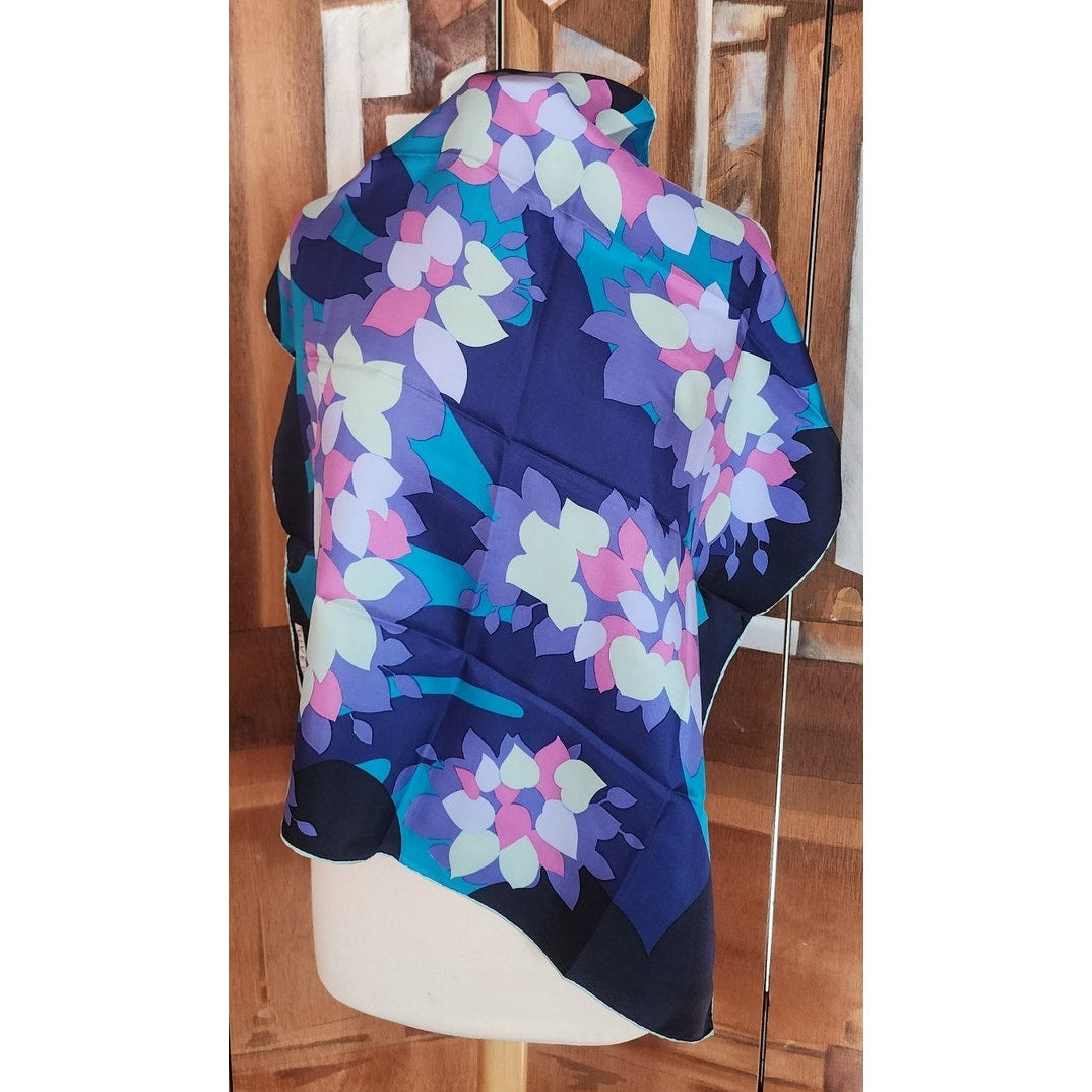 Vintage Givenchy 80s Silk Square Scarf Blue Purple Pink Floral Designer Scarf