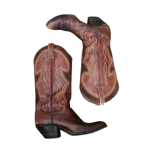 Vintage Dan Post Women's Cowboy Boots Embroidered Brown Leather & Suede Size 7 1/2