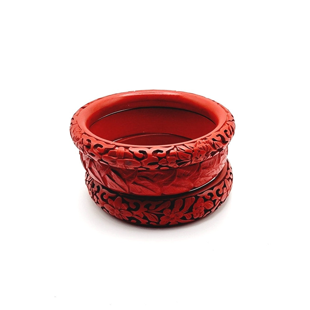 Vintage Red Cinnabar Bracelets Lot of 3 Carved Chinese Lacquer