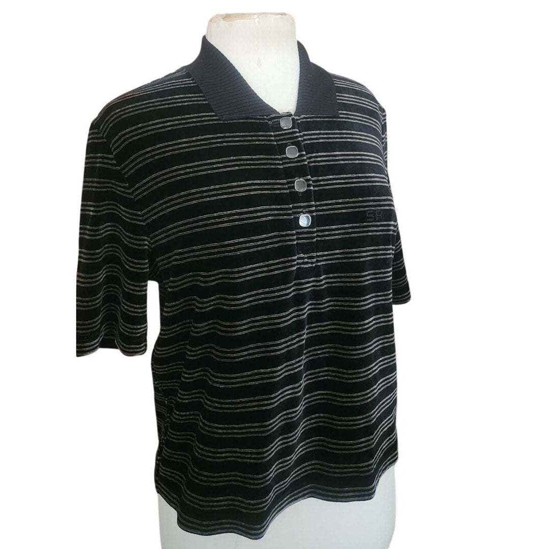 Vintage 1990s Sonia Rykie Velourl Top Black Gray Striped Short Sleeve Knit Polo Shirt