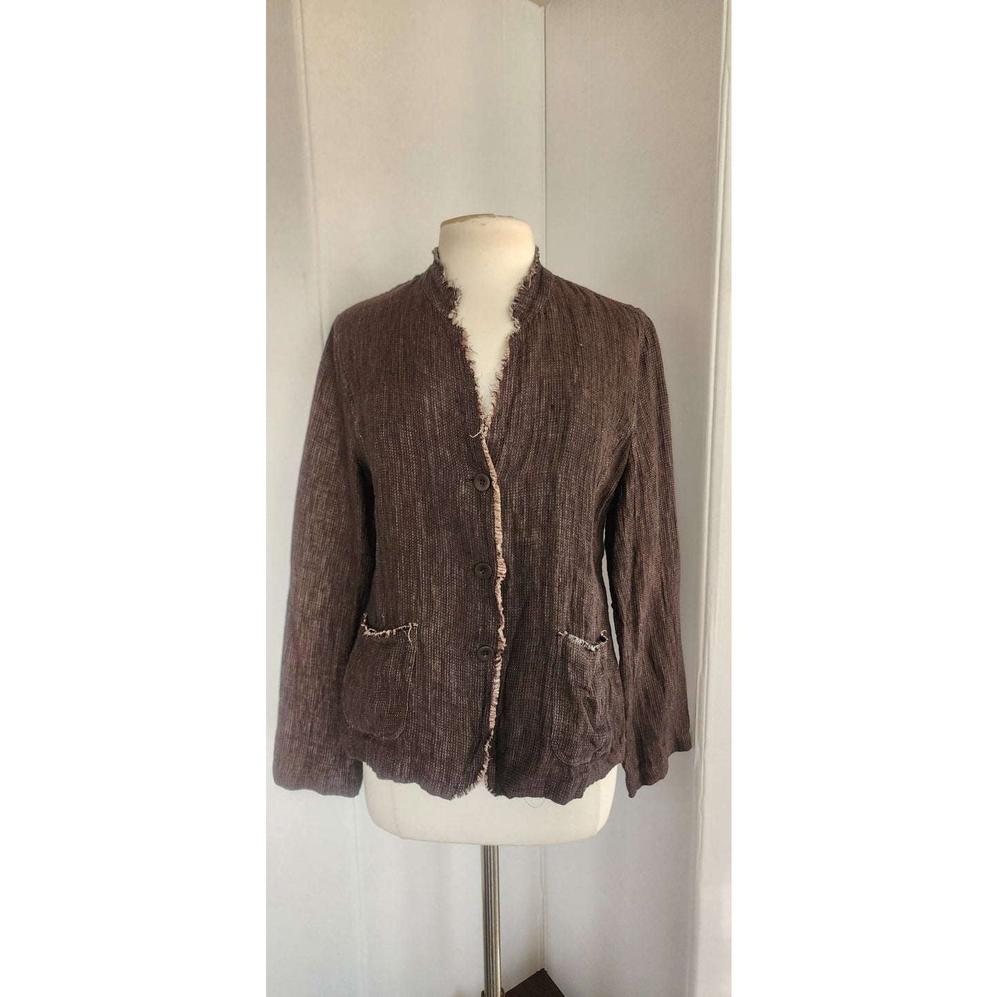 Vintage Y2K Eileen Fisher Brown Linen Jacket Raw Edge Button Down/ M