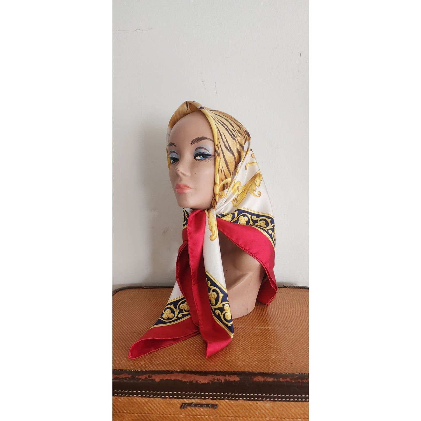 Vintage Ferragamo Silk Scarf Tiger Print Gold Baroque Scroll Print