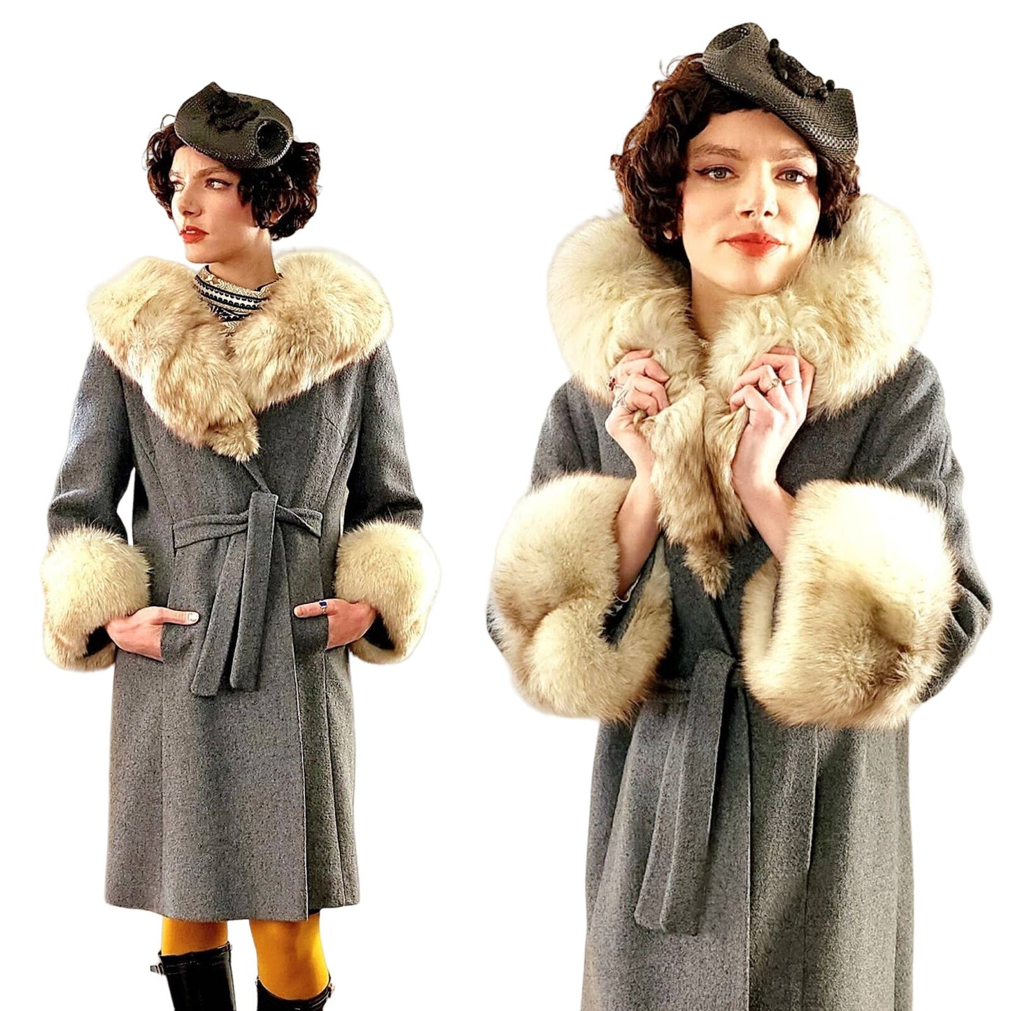 60s Gray Coat Cream Fox Fur Collar & Cuffs by Gino Rossi