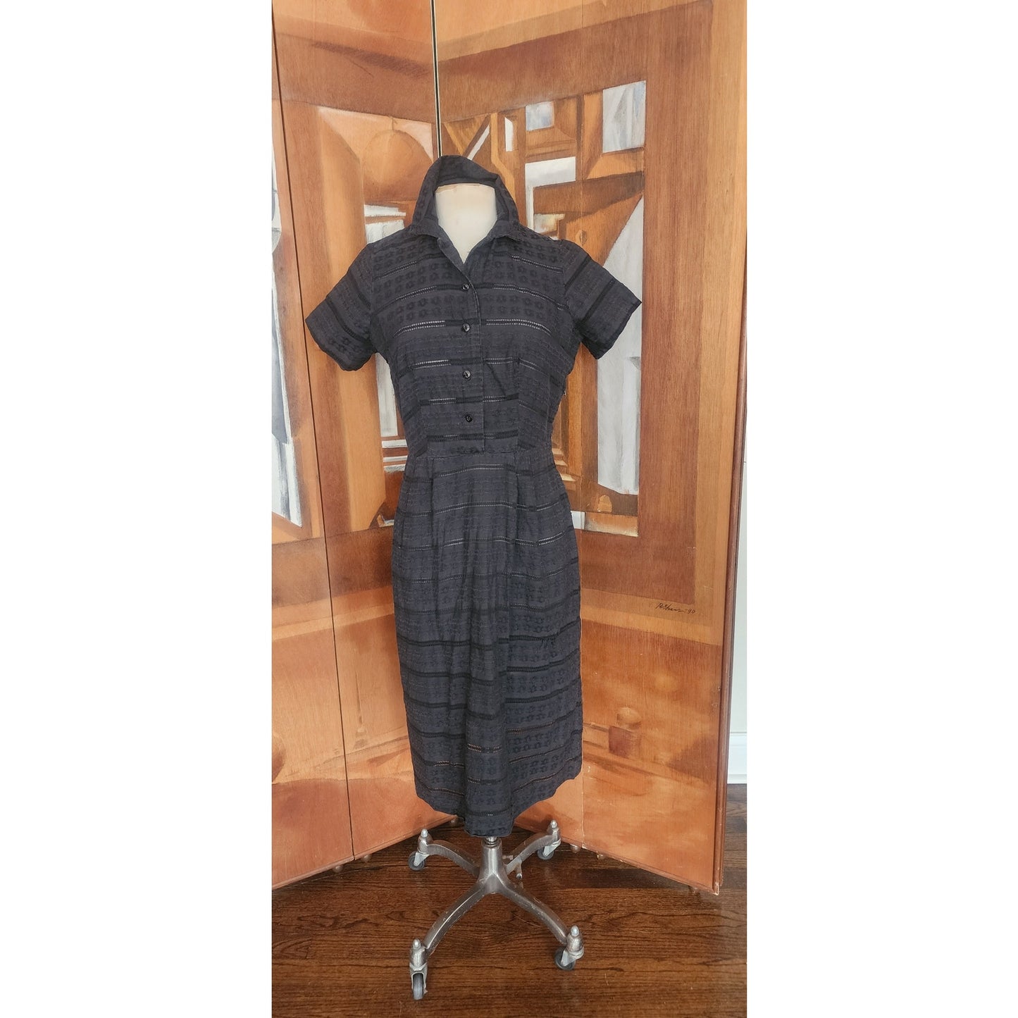 Vintage 50s Black Shirtwaist Day Dress Short Sleeve Textured Stripe Kay Whitney