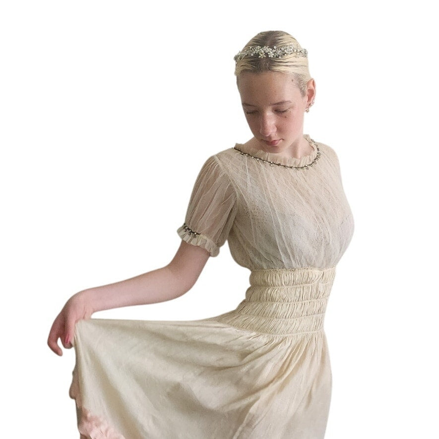 Vintage 1930s Cream Silk Dress Lace & Rhinestone Embroidery